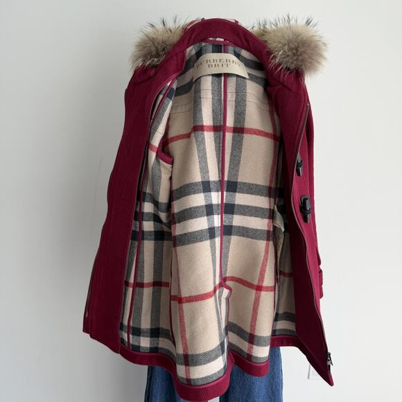 Burberry Brit Blackwell Coat Womens 8 Pink Wool Duffle Toggle Hooded Fur Trim - Picture 8 of 16
